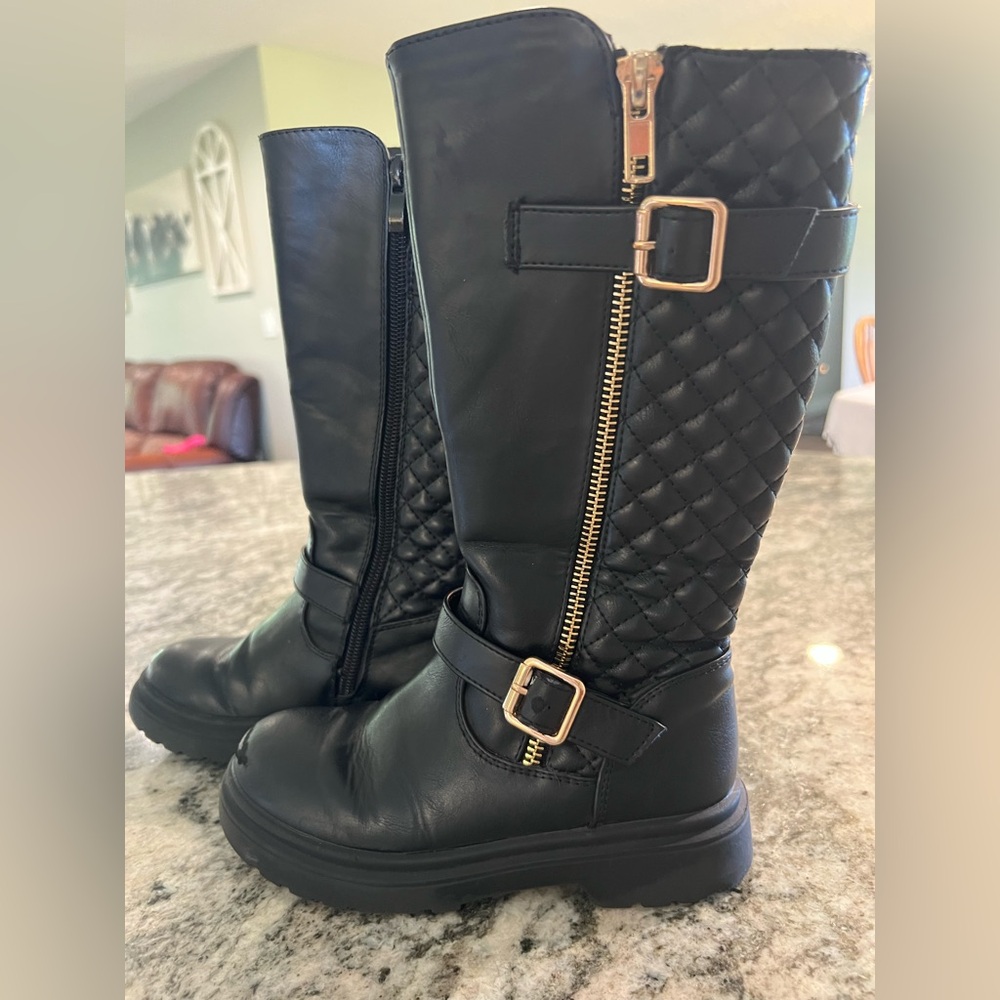 Kid’s Black Quilted Knee-High Boots